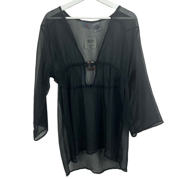NWT SAND N SUN Womens L Black Beach Swimsuit Sheer Coverup Long Sleeve Flowy - Picture 1 of 7